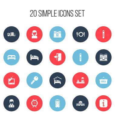 20 düzenlenebilir Motel simgeler kümesi. Townhouse, Outlet, açılan tasarlamak ve daha fazlası gibi simgeleri içerir. Web, mobil, UI ve Infographic tasarımı için kullanılabilir.