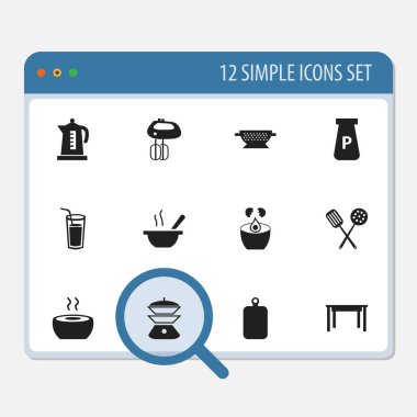 12 düzenlenebilir Cook simgeler kümesi. İçki, pudra, Resepsiyon ve daha fazlası gibi simgeler içerir. Web, mobil, UI ve Infographic tasarımı için kullanılabilir.