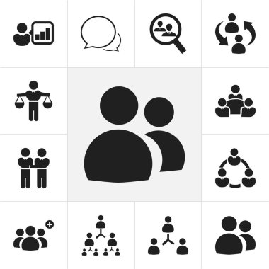 12 düzenlenebilir topluluk simgeler kümesi. Konuşma, insan kaynakları, personel yapısı ve daha fazlası gibi simgeler içerir. Web, mobil, UI ve Infographic tasarımı için kullanılabilir.