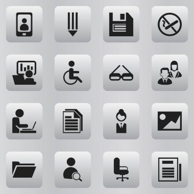 16 düzenlenebilir Bürosu simgeler kümesi. Disket, telefon, sayfa ve daha fazlası gibi simgeler içerir. Web, mobil, UI ve Infographic tasarımı için kullanılabilir.