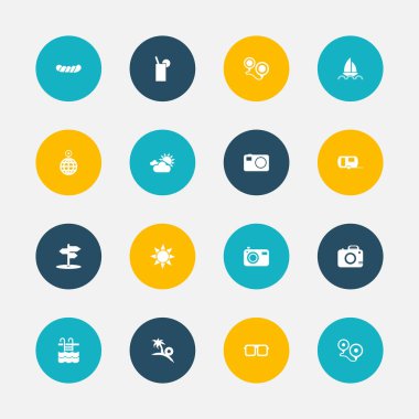 16 düzenlenebilir tatil simgeler kümesi. Kamera, gözlük, fotoğraf Cam ve daha fazlası gibi simgeler içerir. Web, mobil, UI ve Infographic tasarımı için kullanılabilir.