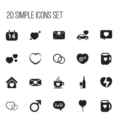 20 düzenlenebilir aşk simgeler kümesi. Sevgililer Balonlar, aşk mesajı, dekorasyon ve daha fazlası gibi simgeler içerir. Web, mobil, UI ve Infographic tasarımı için kullanılabilir.