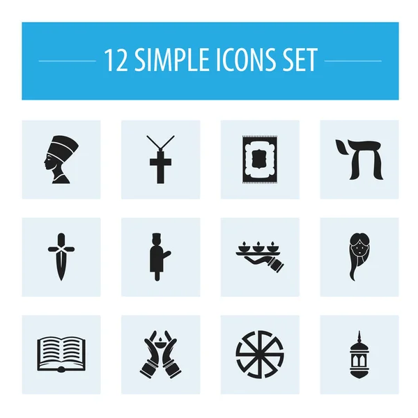 Sada 12 ikon upravitelné víru. Obsahuje symboly jako žebrání, Christian Cross, svícen. Lze použít pro webové, mobilní, Ui a infografika Design. — Stockový vektor
