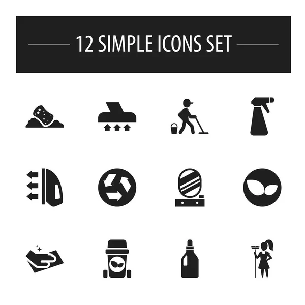 Satz von 12 editierbaren Reinigungssymbolen. beinhaltet Symbole wie Abgase, Ökologie, Wandspiegel und vieles mehr. kann für Web-, Mobil-, UI- und Infografik-Design verwendet werden. — Stockvektor