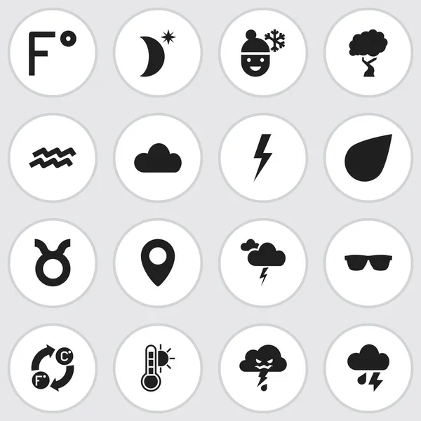 Набір з 16 редаговані клімату іконок. Включає в себе символи, такі як ліс, Туманний день, води на пред'явника і багато іншого. Може використовуватися для веб, мобільні, призначеного для користувача інтерфейсу і інфографіки дизайн. — стоковий вектор