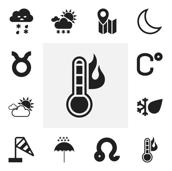 Set Of 12 Editable Weather Icons. Includes Symbols Such As Temperature, Bull, Winter Parasol And More. Can Be Used For Web, Mobile, UI And Infographic Design.