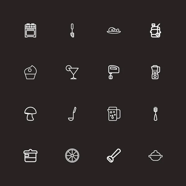 Conjunto de 16 iconos del esquema de alimentos editables. Incluye símbolos tales como exprimidor, mezclador, pelador de patatas y más. Puede ser utilizado para el diseño de la tela, móvil, interfaz de usuario e infografía . — Vector de stock