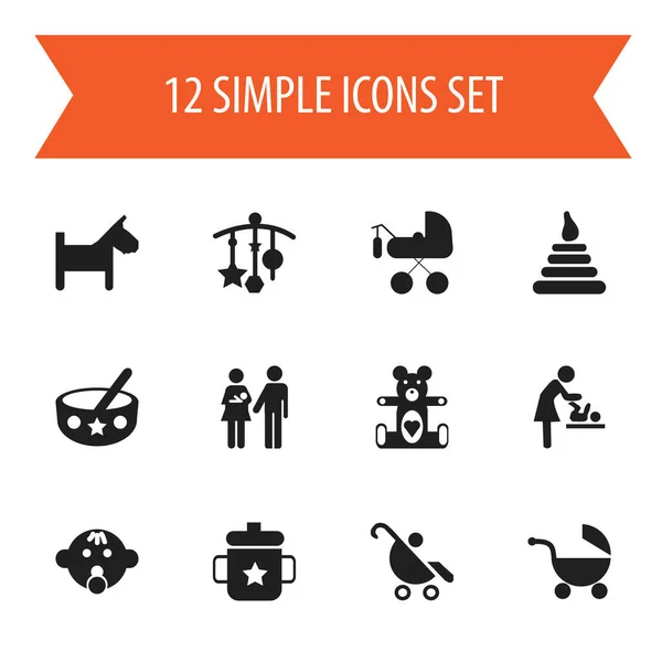 Satz von 12 editierbaren Kindsymbolen. beinhaltet Symbole wie Löffel, Füßchen, Schmuck und vieles mehr. kann für Web-, Mobil-, UI- und Infografik-Design verwendet werden. — Stockvektor