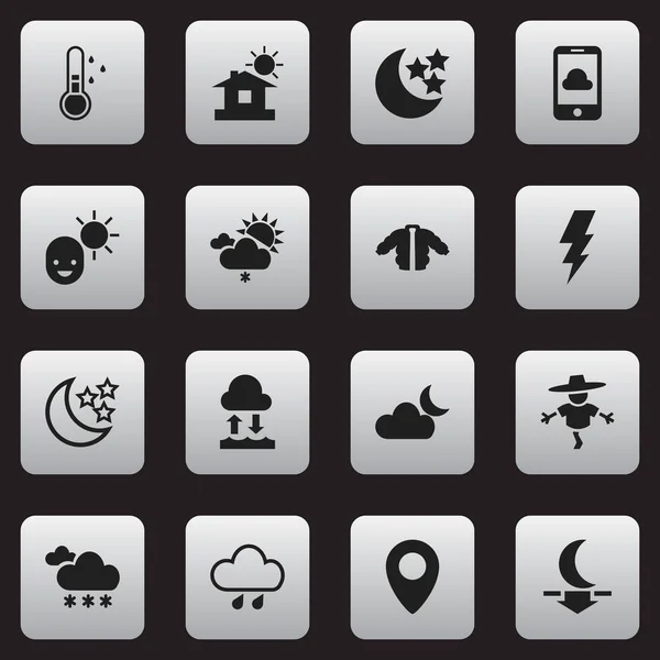 Set van 16 bewerkbare klimaat iconen. Bevat symbolen zoals schrikbeeld, neerslag, Moonlight en meer. Kan worden gebruikt voor Web, Mobile, Ui en Infographic Design. — Stockvector