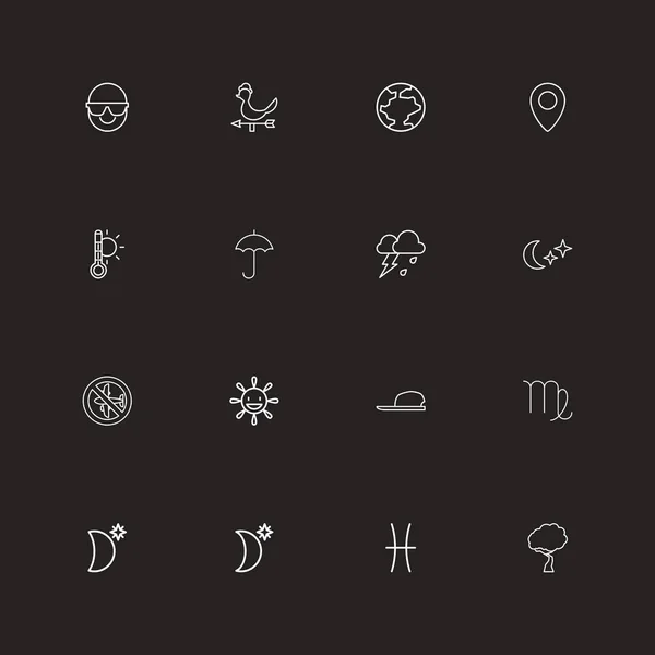 Set di 16 icone di contorno aria modificabili. Include simboli come cappello, flash, risate solari e altro ancora. Può essere utilizzato per la progettazione web, mobile, UI e infografica . — Vettoriale Stock