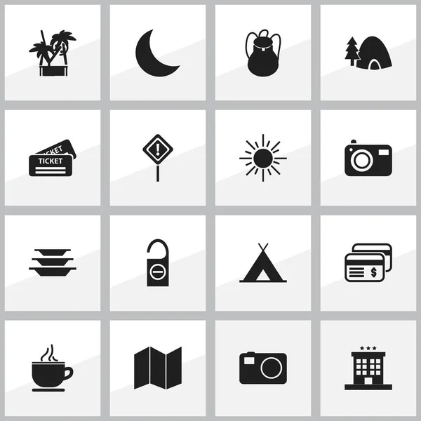 Set van 16 bewerkbare reis iconen. Bevat symbolen zoals fotografie, Camping, rugzak en meer. Kan worden gebruikt voor Web, Mobile, Ui en Infographic Design. — Stockvector