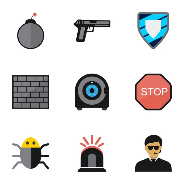 Set van 9 bewerkbare veiligheid plat pictogrammen. Bevat symbolen zoals bescherming, Alarm, Virus en meer. Kan worden gebruikt voor Web, Mobile, Ui en Infographic Design. — Stockvector