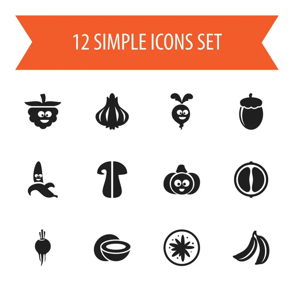 Set de 12 iconos de utensilios de cocina editables. Incluye símbolos como calabaza, rábano, fruta de la selva y más. Puede ser utilizado para el diseño de la tela, móvil, interfaz de usuario e infografía . — Vector de stock
