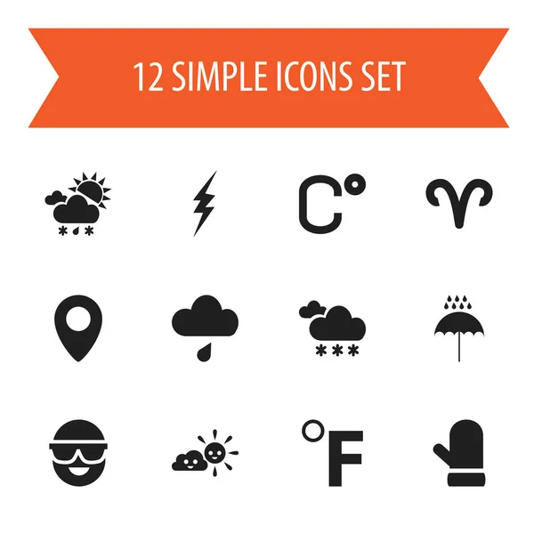 Uppsättning av 12 redigerbara klimat ikoner. Innehåller symboler som Tornado, högspänning, Ram och mer. Kan användas för webb-, mobil-, Ui- och Infographic Design. — Stock vektor