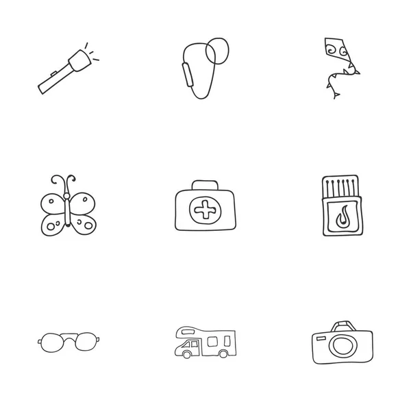 Set van 9 bewerkbare Camping Doodles. Bevat symbolen zoals zaklamp, brillen, schoonheid Insect en meer. Kan worden gebruikt voor Web, Mobile, Ui en Infographic Design. — Stockvector