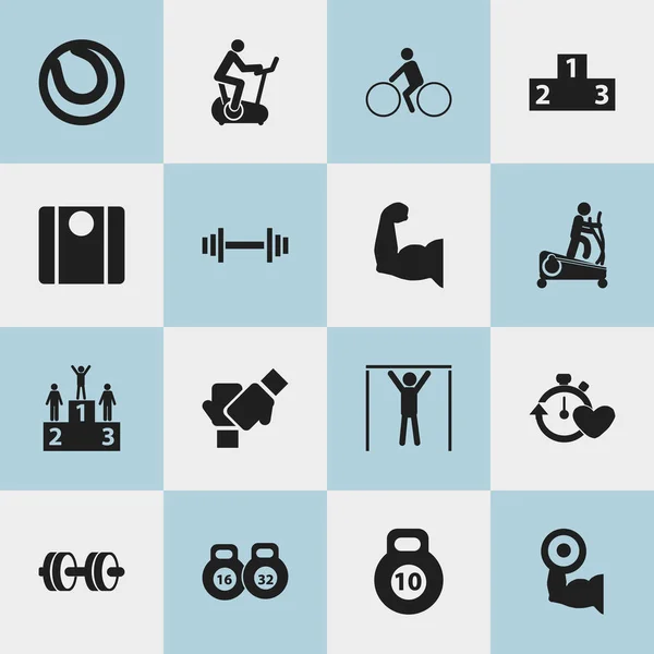 Conjunto de 16 iconos activos editables. Incluye símbolos como ciclista, plataforma para el ganador, bicicleta de entrenamiento y más. Puede ser utilizado para el diseño de la tela, móvil, interfaz de usuario e infografía . — Vector de stock