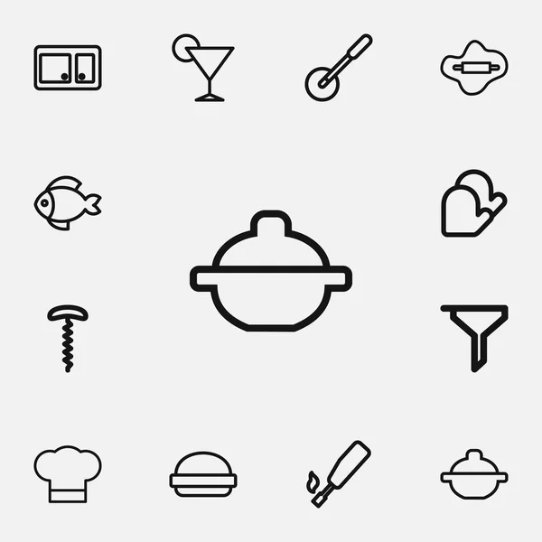 Uppsättning av 12 redigerbara matlagning disposition ikoner. Innehåller symboler som Drink, vin öppnare, Pizza blad och mer. Kan användas för webb-, mobil-, Ui- och Infographic Design. — Stock vektor