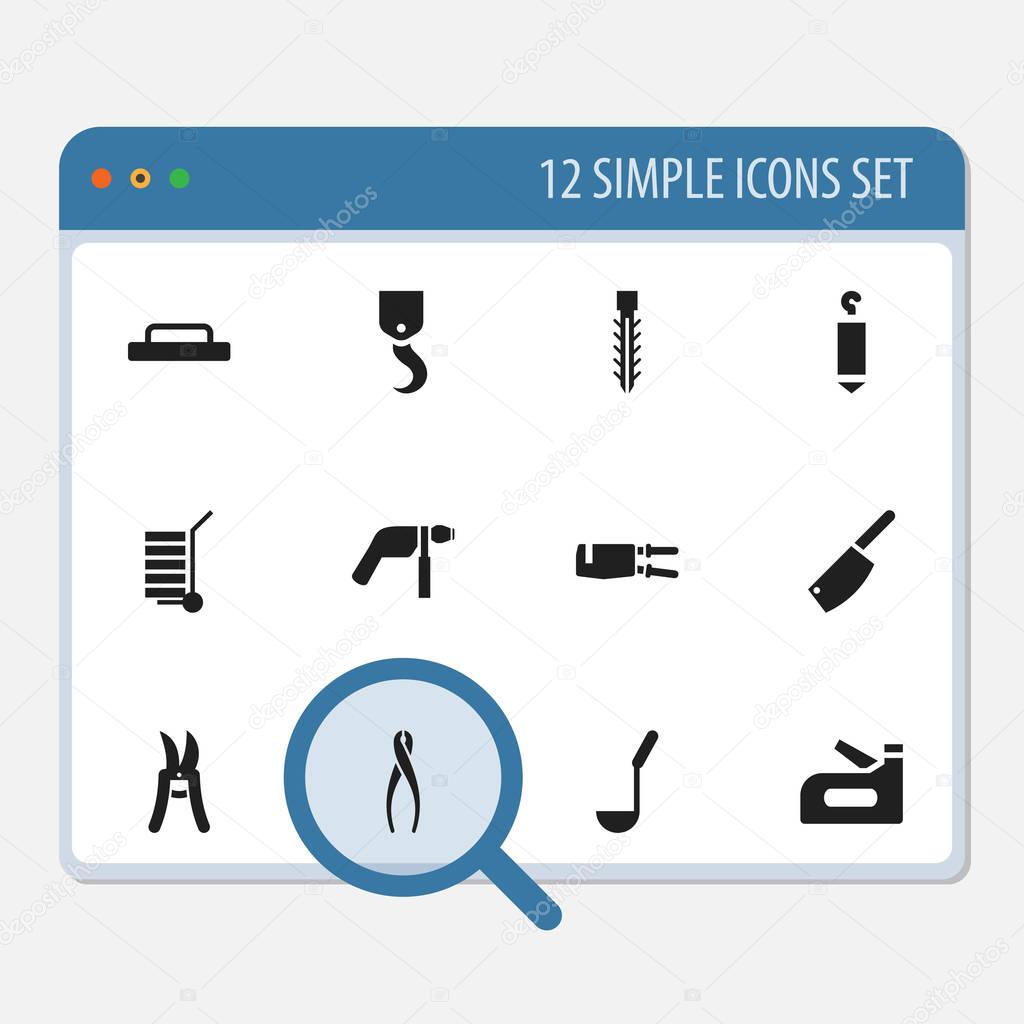 Set Of 12 Editable Apparatus Icons. Includes Symbols Such As Cleaver, Crane, Tongs And More. Can Be Used For Web, Mobile, UI And Infographic Design.