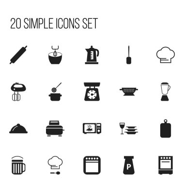 20 düzenlenebilir Restoran simgeler kümesi. Fırın, levha cam, kepçe ve daha fazlası gibi simgeler içerir. Web, mobil, UI ve Infographic tasarımı için kullanılabilir.