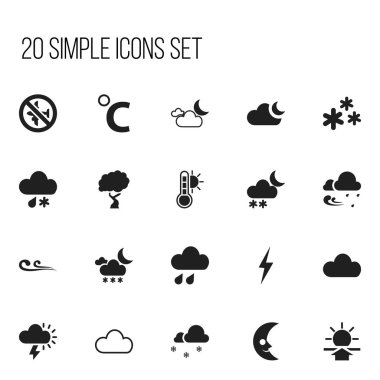 20 düzenlenebilir hava simgeler kümesi. Ay ışığı, Nuh Tufanı, termometre ve daha fazlası gibi simgeler içerir. Web, mobil, UI ve Infographic tasarımı için kullanılabilir.