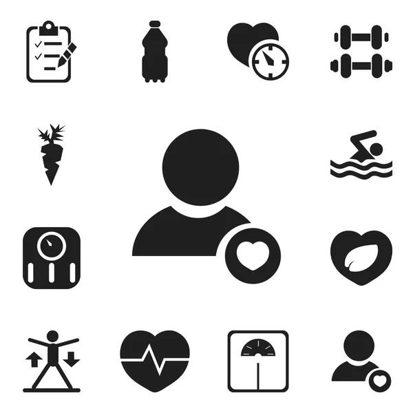 Zestaw 12 ikon można edytować Fitness. Zawiera symbole, takie jak szkolenia, profil, pływanie i więcej. Mogą być używane dla sieci Web, mobilnych, interfejsu użytkownika i Infographic Design. — Wektor stockowy