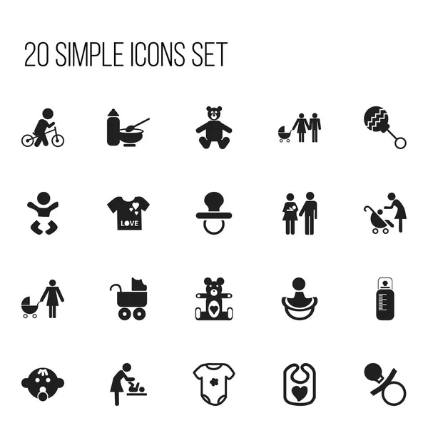 Conjunto de 20 iconos para niños editables. Incluye símbolos como el cambio de paño infantil, velocipede, preambulador y más. Puede ser utilizado para el diseño de la tela, móvil, interfaz de usuario e infografía . — Vector de stock