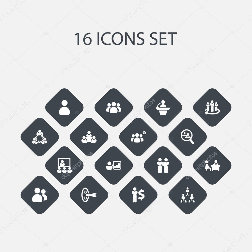 Set Of 16 Editable Community Icons. Includes Symbols Such As Teamwork, Human Resouces, Team And More. Can Be Used For Web, Mobile, UI And Infographic Design.