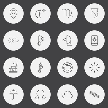 16 düzenlenebilir hava anahat simgeleri ayarlayın. Uydu, kasırga, bulut ve daha fazla gibi simgeler içerir. Web, mobil, UI ve Infographic tasarımı için kullanılabilir.