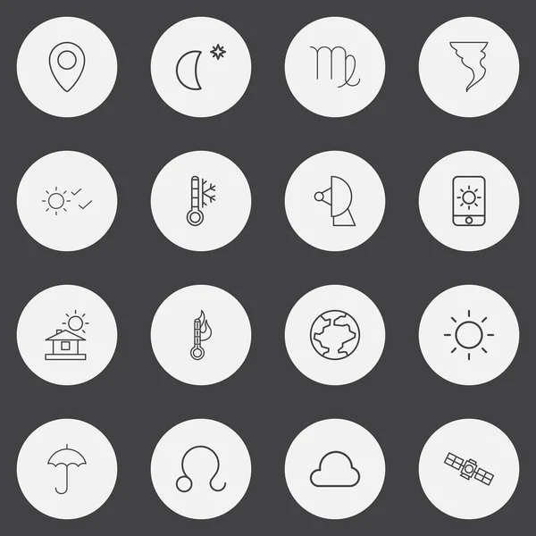 Conjunto de 16 iconos de contorno meteorológico editables. Incluye símbolos como satélite, tornado, nube y más. Puede ser utilizado para el diseño de la tela, móvil, interfaz de usuario e infografía . — Vector de stock