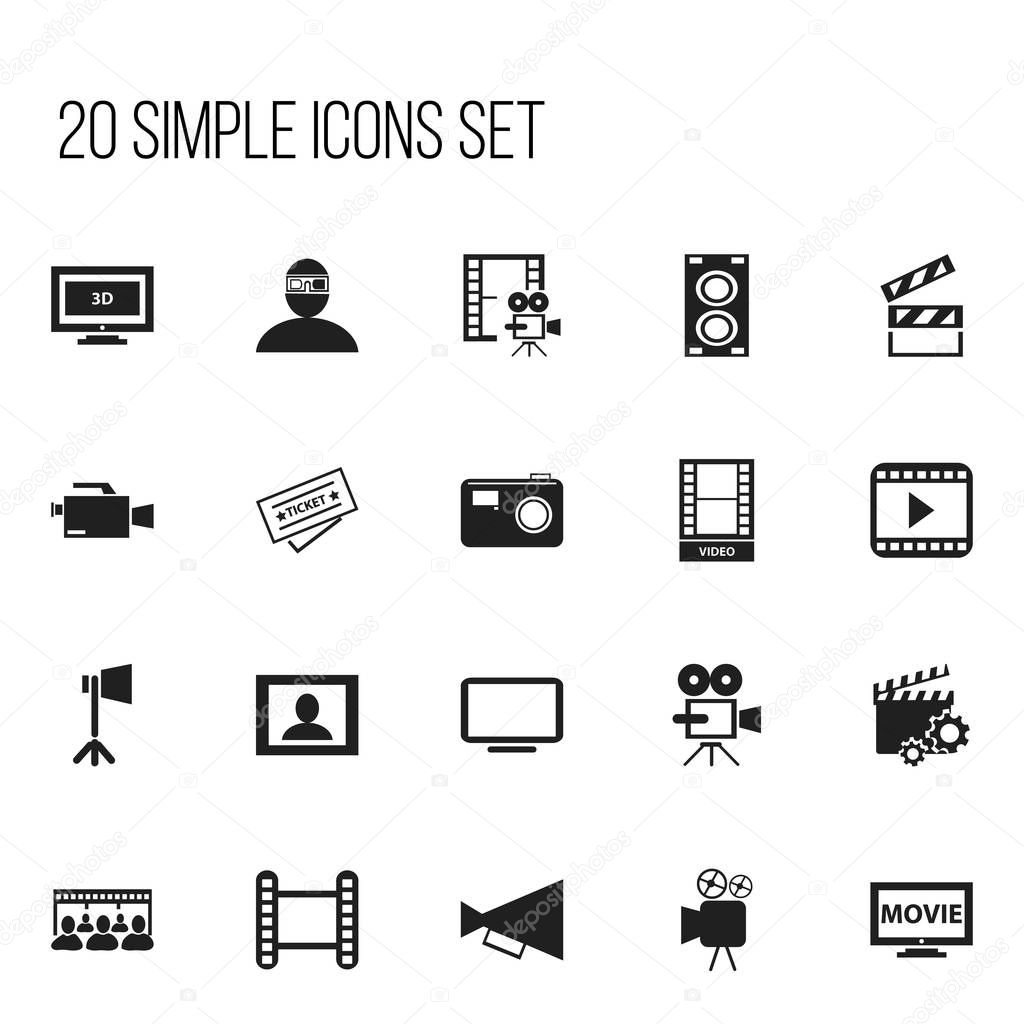 Set Of 20 Editable Movie Icons. Includes Symbols Such As Ticket, Cinematography, Video Camera And More. Can Be Used For Web, Mobile, UI And Infographic Design.