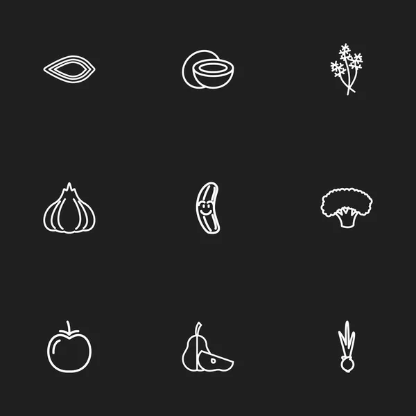 Conjunto de 9 ícones de esboço de alimentos editáveis. Inclui símbolos como abobrinha, alho, pílula e muito mais. Pode ser usado para Web, Mobile, UI e design infográfico . — Vetor de Stock