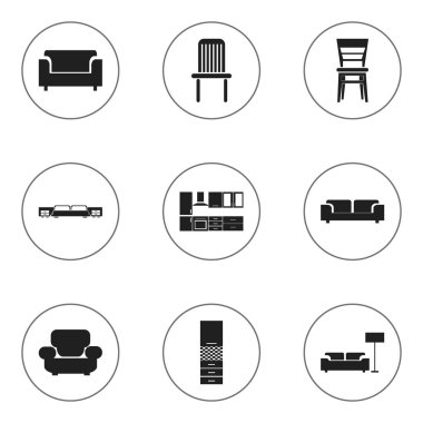 9 düzenlenebilir iç simgeler kümesi. Mobilyalar, koltuk, lamba ve daha fazla yemek gibi simgeleri içerir. Web, mobil, UI ve Infographic tasarımı için kullanılabilir.