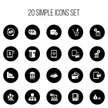 20 düzenlenebilir Finans simgeler kümesi. İşlem, kablosuz bağlantı, artış dolar ve daha fazlası gibi simgeler içerir. Web, mobil, UI ve Infographic tasarımı için kullanılabilir.