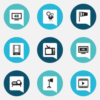 9 düzenlenebilir sinema simgeler kümesi. Retro Tv, Film, Hd ekran ve daha fazlası gibi simgeler içerir. Web, mobil, UI ve Infographic tasarımı için kullanılabilir.