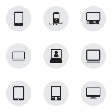 9 düzenlenebilir enstrüman simgeler kümesi. Ekran, Mp3 çalar, dizüstü bilgisayar ve daha fazla gibi simgeler içerir. Web, mobil, UI ve Infographic tasarımı için kullanılabilir.