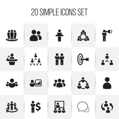 20 düzenlenebilir işbirliği simgeler kümesi. Takım, işbirliği, hoparlör ve daha fazlası gibi simgeler içerir. Web, mobil, UI ve Infographic tasarımı için kullanılabilir.