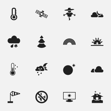 16 düzenlenebilir iklim simgeler kümesi. Simgeleri karla karışık yağmur, gökyüzü gece, uçak ve daha fazlasını içerir. Web, mobil, UI ve Infographic tasarımı için kullanılabilir.