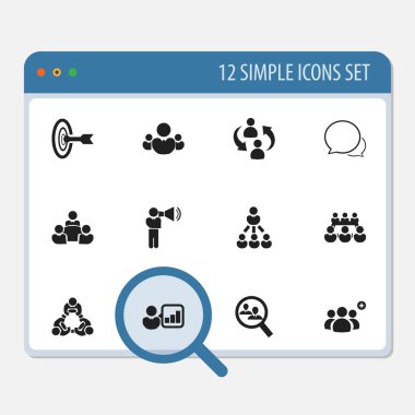 12 düzenlenebilir topluluk simgeler kümesi. İnsan kaynakları, lider, ekip çalışması ve daha fazlası gibi simgeler içerir. Web, mobil, UI ve Infographic tasarımı için kullanılabilir.