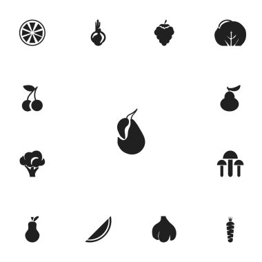 13 düzenlenebilir tatlı simgeler kümesi. Brokoli, armut, Sativum ve daha fazlası gibi simgeler içerir. Web, mobil, UI ve Infographic tasarımı için kullanılabilir.