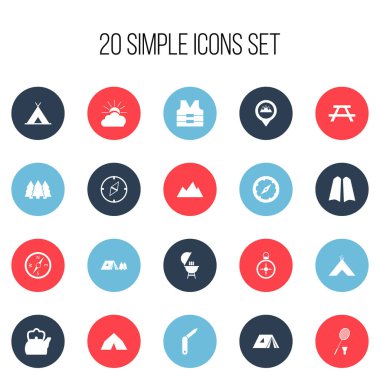 20 düzenlenebilir gezi simgeler kümesi. Çadır, çadır, orman ve daha fazlası gibi simgeler içerir. Web, mobil, UI ve Infographic tasarımı için kullanılabilir.