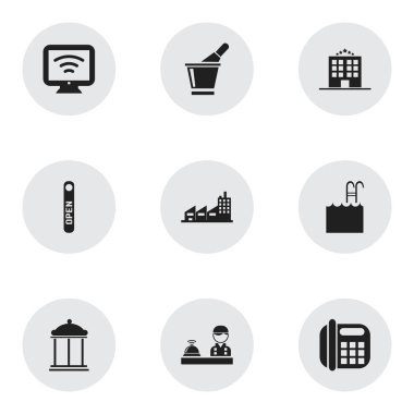 9 düzenlenebilir seyahat simgeler kümesi. Şampanya, Havuzu, kablosuz Tv ve daha fazlası gibi simgeler içerir. Web, mobil, UI ve Infographic tasarımı için kullanılabilir.
