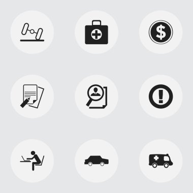 9 düzenlenebilir karmaşık simgeler kümesi. Acil durum, arama, Dumbbell ve daha fazlası gibi simgeler içerir. Web, mobil, UI ve Infographic tasarımı için kullanılabilir.