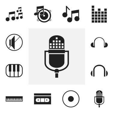 12 düzenlenebilir müzik simgeler kümesi. Sesli Not, hoparlör, mikrofon ve daha fazlası gibi simgeler içerir. Web, mobil, UI ve Infographic tasarımı için kullanılabilir.