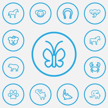 13 düzenlenebilir Hayvanat Bahçesi anahat simgeleri ayarlayın. Steed, Panda, maymun gibi simgeler içerir. Web, mobil, UI ve Infographic tasarımı için kullanılabilir.