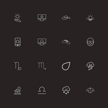 16 düzenlenebilir iklim anahat simgeleri ayarlayın. Güneş gözlüğü, balıklar, monitör ve daha fazlası gibi simgeler içerir. Web, mobil, UI ve Infographic tasarımı için kullanılabilir.