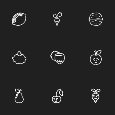 9 düzenlenebilir gıda anahat simgeleri ayarlayın. Taze meyve, ceviz, muhallebi ve daha fazlası gibi simgeler içerir. Web, mobil, UI ve Infographic tasarımı için kullanılabilir.