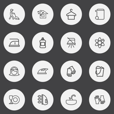 16 düzenlenebilir hijyen anahat simgeleri ayarlayın. Temizlik, lavabo, demir ve daha fazlası gibi simgeler içerir. Web, mobil, UI ve Infographic tasarımı için kullanılabilir.