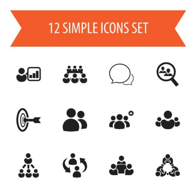 12 düzenlenebilir iş simgeler kümesi. Dostluk, birlik, şirket gibi simgeler içerir ve daha fazlası. Web, mobil, UI ve Infographic tasarımı için kullanılabilir.