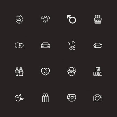 16 tane ayarla düzenlenebilir millet simgeleri anahat. Fotoğraf aygıt, pasta, hediye ve daha fazlası gibi simgeler içerir. Web, mobil, UI ve Infographic tasarımı için kullanılabilir.