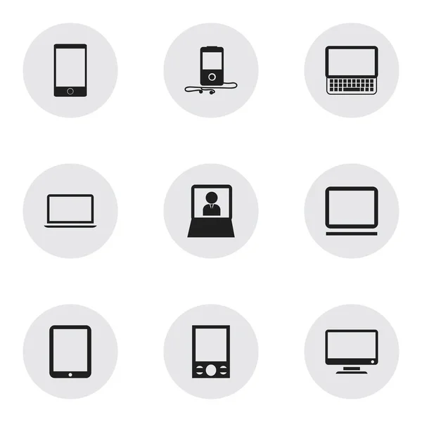 Zestaw 9 ikon edycji instrumentu. Zawiera symbole, takie jak ekran, odtwarzacz Mp3, laptopa i więcej. Mogą być używane dla sieci Web, mobilnych, interfejsu użytkownika i Infographic Design. — Wektor stockowy